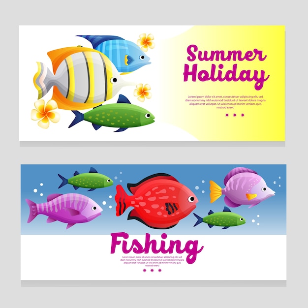 Banner lindo tema de verano con peces del océano