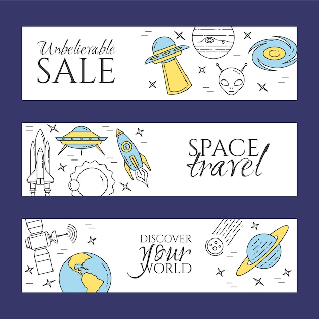 Banner de línea de espacio con pictogramas de tema de cosmos.