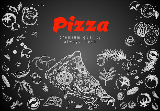 Banner de línea de pizza dibujado a mano fondo de garabato de tiza de estilo grabado anuncios de pizza sabrosa banner de vector sabroso para cafetería restaurante o servicio de entrega de alimentos