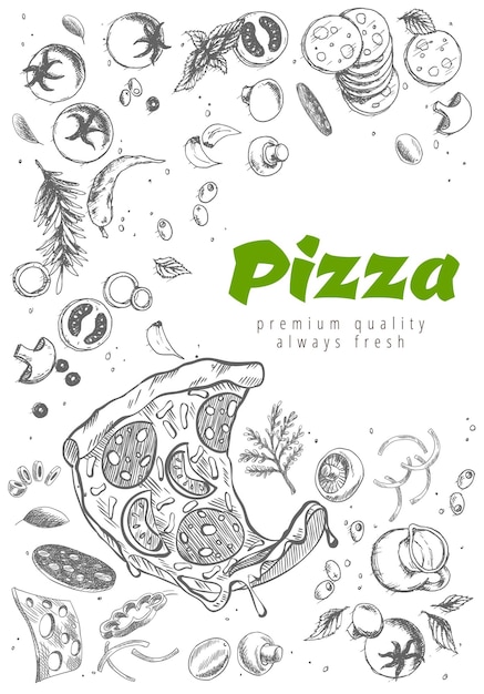 Banner de línea de pizza Fondo de garabato de estilo grabado Anuncios de pizza sabrosa Banner de vector sabroso para cafetería restaurante o servicio de entrega de alimentos