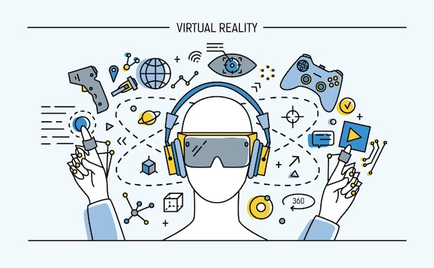 banner de lineart de realidad virtual. ilustración vectorial colorida.