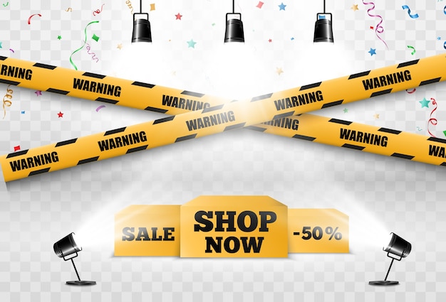 Banner de liquidación con podio, focos y confeti.