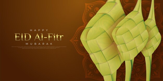 Banner de lujo feliz eid alfitr con fondo ketupat