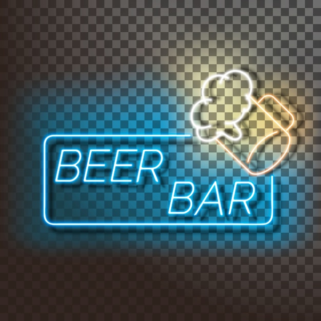Vector banner de luz de neón de bar de cerveza en azul