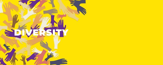 banner de manos de pieles de diversidad con fondo amarillo