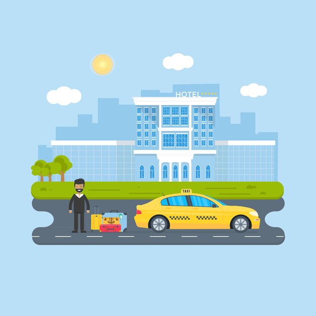 Banner con la máquina taxi amarillo en la ciudad Concepto de servicio de taxi público Hotel de paisaje urbano en el fondo Ilustración de vector plano