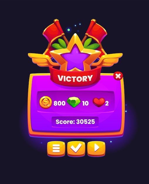 Banner de marco de juego de victoria o ventana de menú emergente