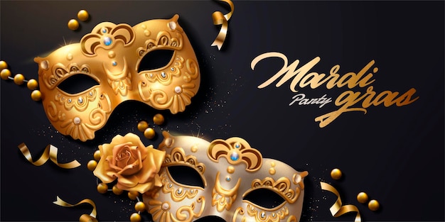 Banner de mardi gras con máscara de lujo dorada y serpentinas en ilustración 3d, ángulo de visión superior