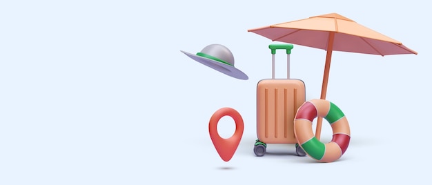 Banner de marketing para la compra de viajes en línea en estilo 3d con paraguas, maleta, salvavidas, sombrero y marcador de lugar, ilustración vectorial