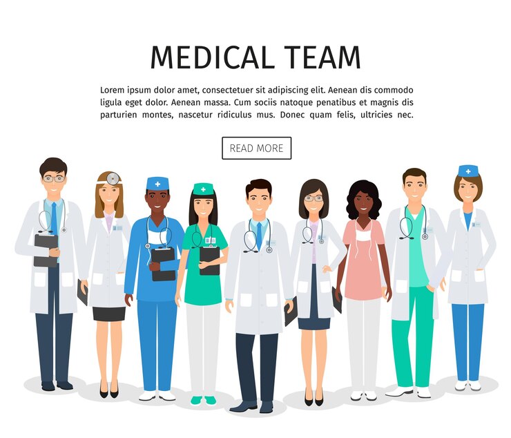 Vector banner de medicina con un grupo de médicos de pie juntos en poses uniformes y diferentes