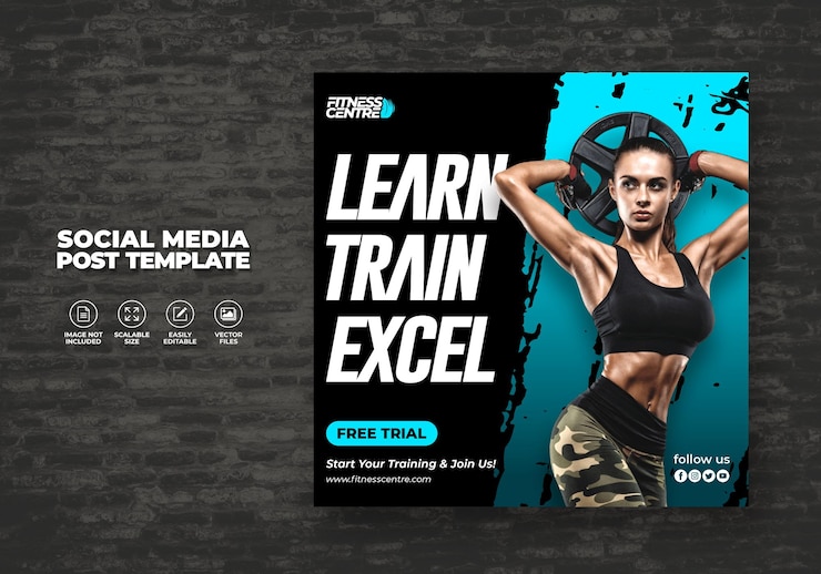 Vector banner de medios sociales de fitness o gym o plantilla de volante de estudio deportivo cuadrado
