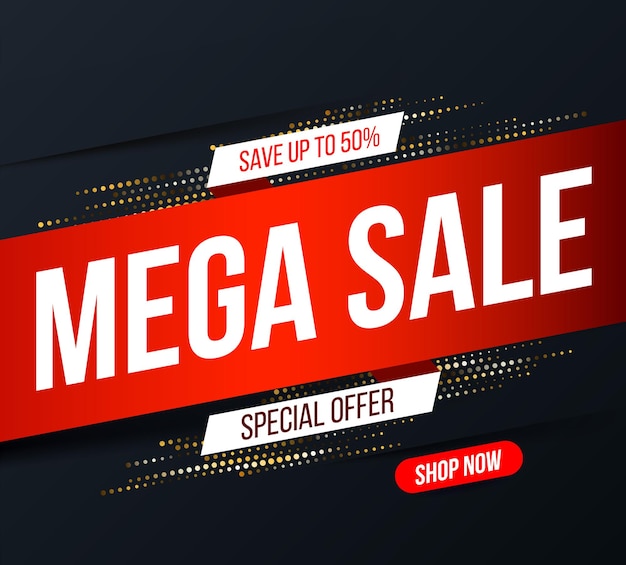 Banner de mega venta abstracto con efecto de brillo de semitono dorado para ofertas especiales