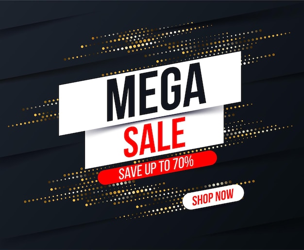 Banner de mega venta abstracto con efecto de brillo de semitono dorado para ofertas especiales