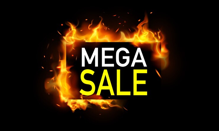 Vector banner mega venta caliente. ardientes candentes provocan llamas de fuego realistas