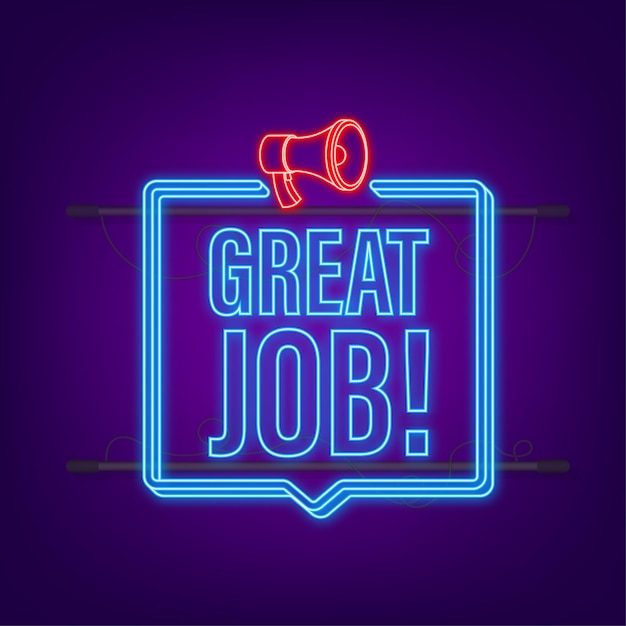Banner de megáfono con gran trabajo. Icono de neón. Diseño web. Ilustración de stock vectorial.