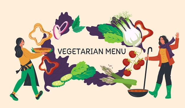 Vector banner de menú vegetariano o ilustración de vector de dibujos animados de fondo de portada