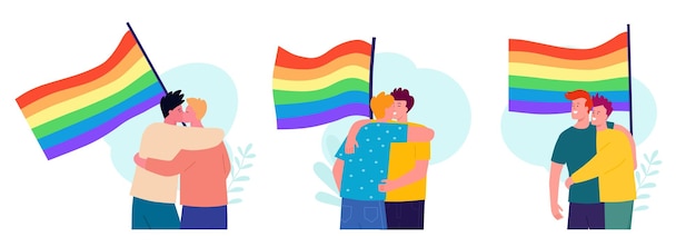 Vector banner del mes del orgullo lgbtq una pareja gay se abraza con una bandera diversa gente apoyando los derechos y movimientos lgbt plus