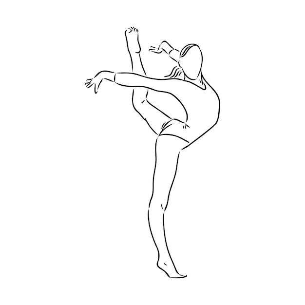 Banner minimalista de vector de competencia de gimnasia rítmica. Chica, mujer con cinta. Evento deportivo. Bailes de gimnasta. Un dibujo de línea continua.