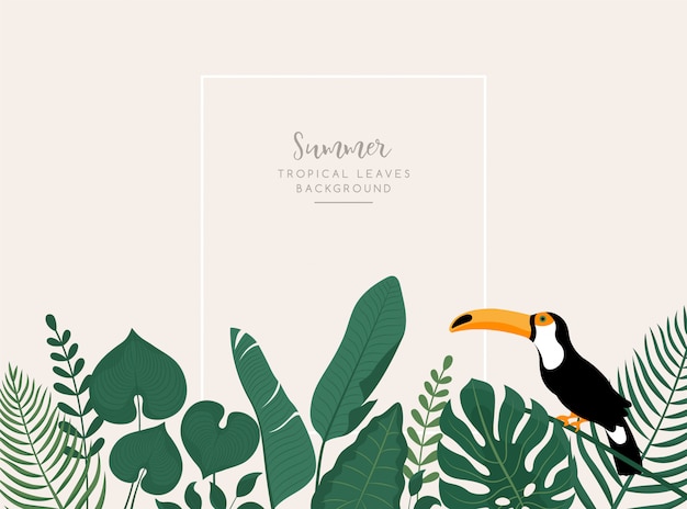 Banner de moda con hojas tropicales, pájaro tucán y espacio para texto.