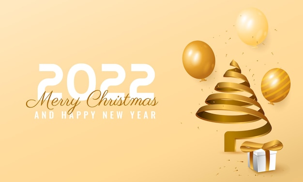 Banner moderno de feliz navidad y próspero año nuevo 2022 con árbol espiral dorado, globo y caja de regalo
