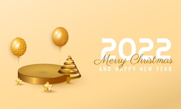 Banner moderno de feliz navidad y próspero año nuevo 2022 con podio, árbol en espiral, estrella y globo