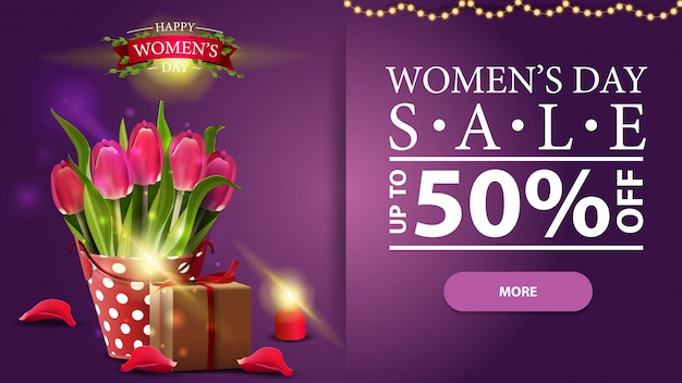 Banner moderno horizontal de descuento para el día de la mujer.