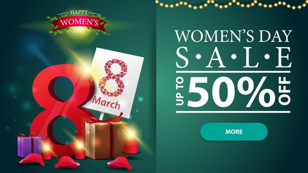 Banner moderno horizontal de descuento para el día de la mujer.