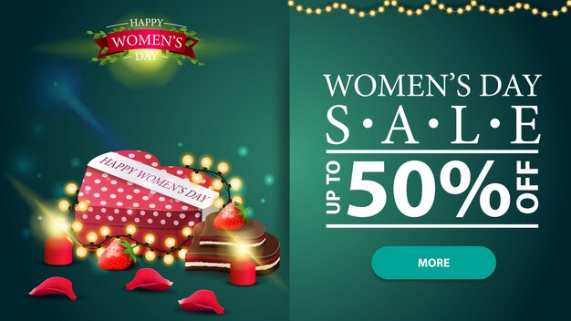 Banner moderno horizontal de descuento para el día de la mujer.