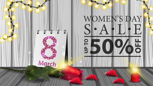 Banner moderno horizontal de descuento para el día de la mujer.