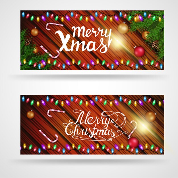 Banner moderno de Navidad sobre un fondo de madera