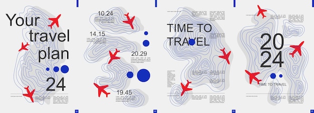Banner moderno de viajes con diseño tipográfico minimalista de moda Plantillas de carteles con aviones voladores con formas gráficas abstractas y elementos de texto para vacaciones y viajes Ilustración vectorial