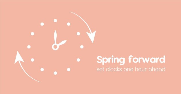 Banner monocromático Spring Forward en estilo minimalista Texto recordatorio Configure los relojes una hora adelante en