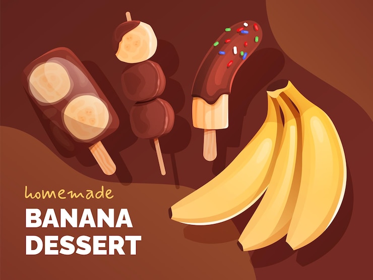 Vector banner con un montón de plátanos caseros congelados cubiertos de chocolate plátanos en un palo y helado