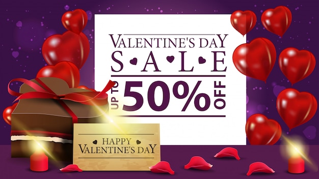 Banner morado de descuento del día de San Valentín con caramelo de chocolate