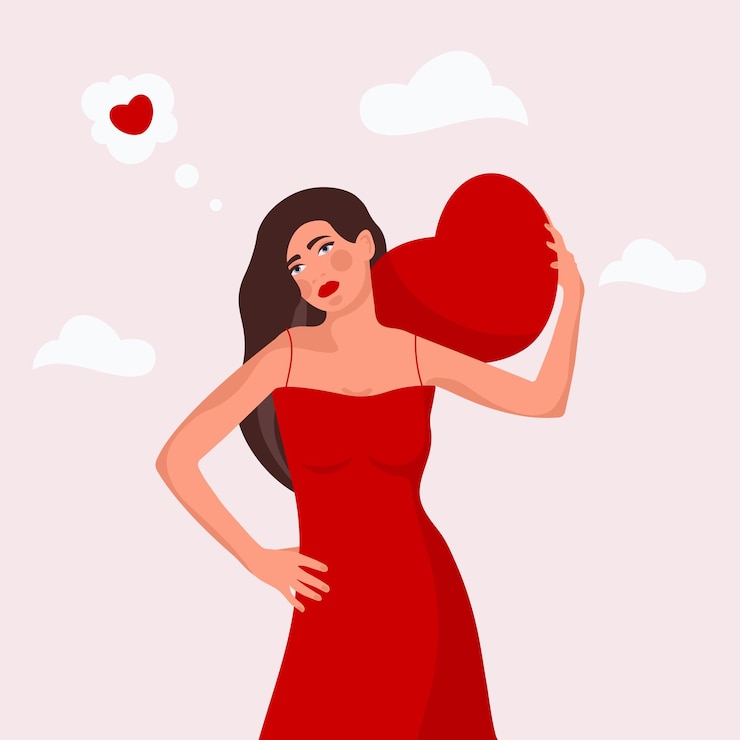 Vector banner con mujer vestida, abrazando el corazón rojo. feliz día de san valentín. ilustración de vector plano.
