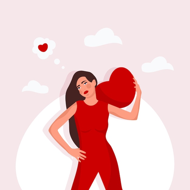 Banner con mujer vestida, abrazando el corazón rojo. Feliz día de San Valentín. Ilustración de vector plano.