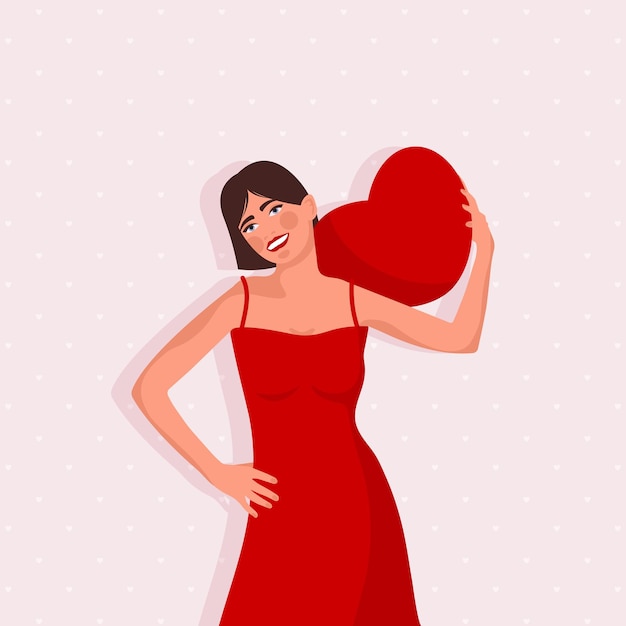 Banner con mujer vestida, abrazando el corazón rojo. Feliz día de San Valentín. Ilustración de vector plano.