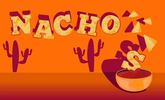Banner de nachos Banner con deliciosos nachos mexicanos con salsa de tomate en dibujos animados Plantilla de diseño de etiquetas menú café restaurante publicidad Comida para llevar Ilustración vectorial