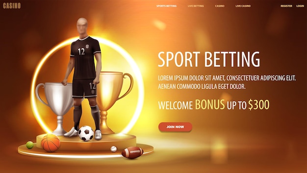 Banner naranja de apuestas deportivas para sitio web con jugador de fútbol en podio con anillo de neón amarillo en copas de campeón de fondo y balones deportivos
