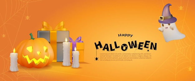 Banner naranja de Halloween con velas de fantasmas de telarañas y más en el fondo