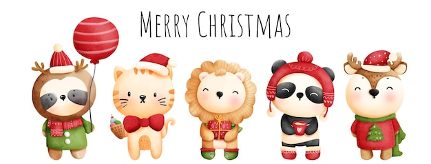 Banner de Navidad acuarela pintura digital con animal lindo.