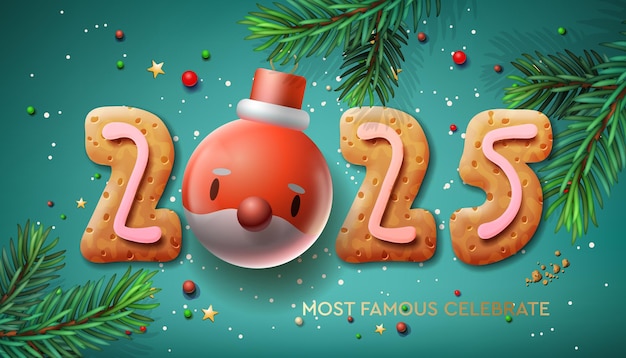 Banner de Navidad y Año Nuevo 2025 con números de galletas de pan de jengibre Ilustración vectorial 2025