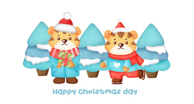 Banner de navidad y año nuevo con lindos tigres.