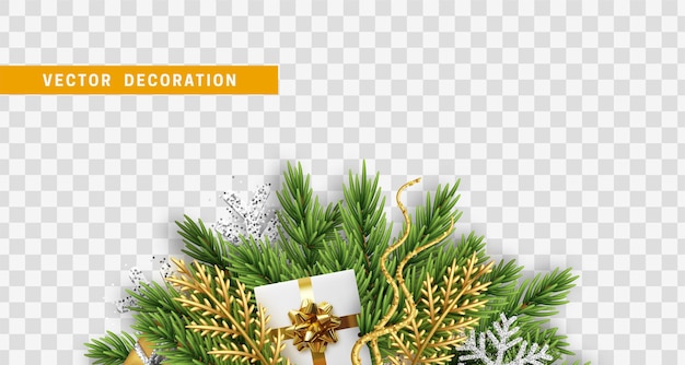 Banner de navidad y año nuevo con objetos de decoración realistas. diseño de vacaciones de navidad. borde de encabezado para sitio web. ilustración vectorial