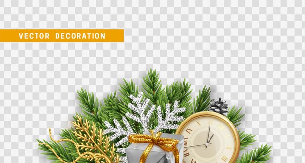 Banner de Navidad y Año Nuevo con objetos de decoración realistas. Diseño de vacaciones de Navidad. Borde de encabezado para sitio web. ilustración vectorial