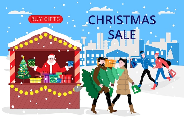 Vector banner de navidad y año nuevo para la página de destino o el sitio web de la tienda en línea. hombres y mujeres compran regalos y un árbol de navidad en la feria. imagen plana de vector lindo.