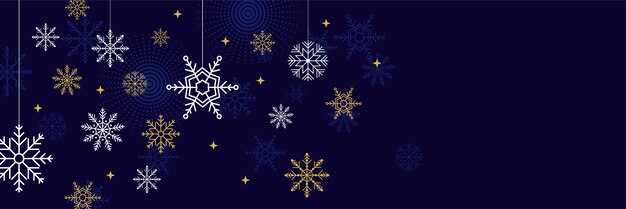 Banner de Navidad azul con copos de nieve. Banner de felicitación de feliz Navidad y próspero año nuevo. Fondo de año nuevo horizontal, encabezados, carteles, tarjetas, sitio web. Ilustración vectorial