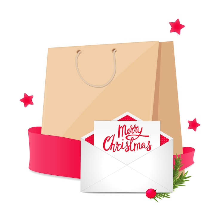 Vector banner de navidad con bolsa de compras y postal en sobres. venta de vacaciones