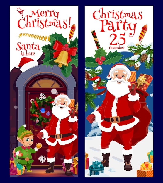 Banner de Navidad con bolsa de regalos de Santa y decoraciones navideñas Personajes de dibujos animados de Navidad Atributos de Navidad en pancartas verticales vectoriales Vacaciones de invierno o tarjeta de felicitación de año nuevo con Santa y elfo