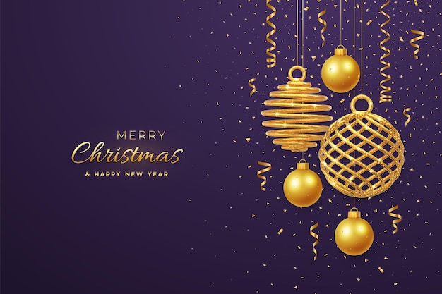 Banner de Navidad con brillantes bolas de oro colgantes y con confeti sobre fondo púrpura Tarjeta de felicitación con copyspace Plantilla de portada de cartel de Año Nuevo Decoración navideña Ilustración vectorial